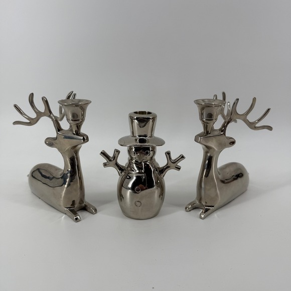 Other - Set of 3 Silver Metal Reindeer & Snowman Candle Holders Modern Christmas Decor
